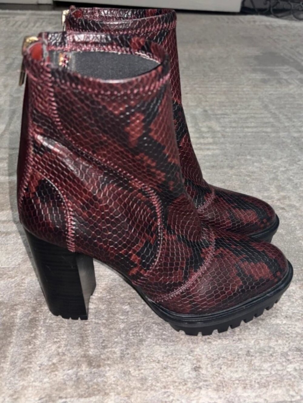 Vince Camuto Red and Black Faux Snakeskin Heeled Boots. 4” heel, back zip
